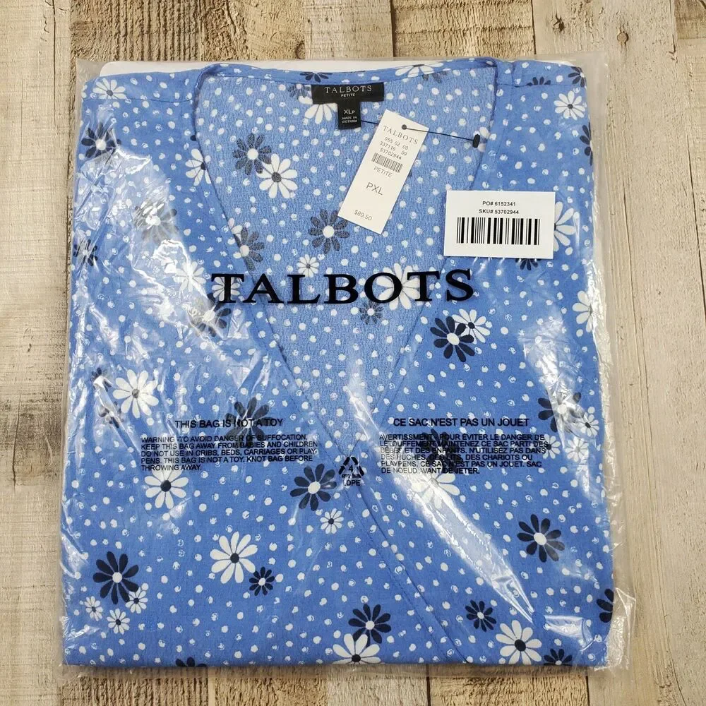 Talbots Womens Petite XLarge Daisy Viscose Wrap Blouse Blue Floral Long Sleeve - Picture 2 of 3
